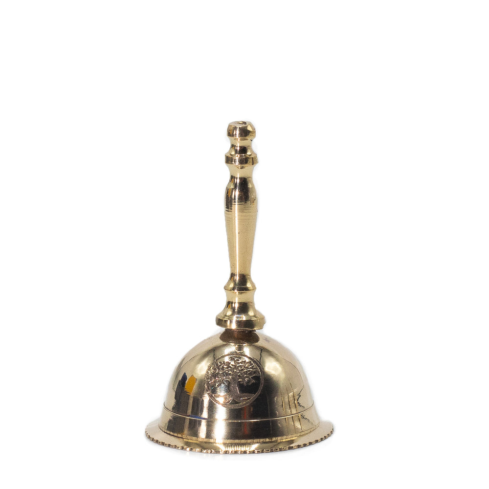 Campana de altar de latón dorado, pequeña, con grabado del Árbol de la Vida y 7 cm de alto, sonido claro y suave - armonía