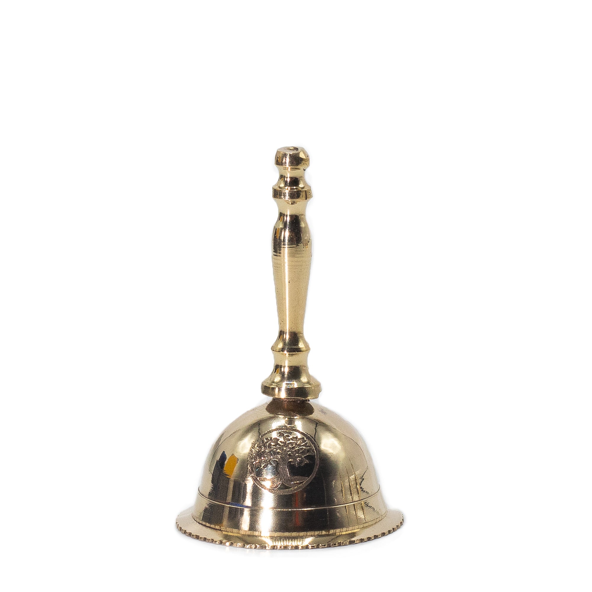 Campana de altar de latón dorado, pequeña, con grabado del Árbol de la Vida y 7 cm de alto, sonido claro y suave - armonía