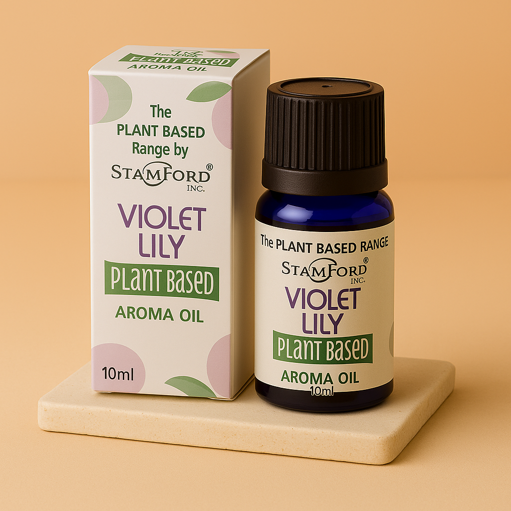 Aceite Esencial Violet Lily: botella de vidrio azul oscuro de 10 ml, con caja, aroma sereno - fomenta calma y equilibrio