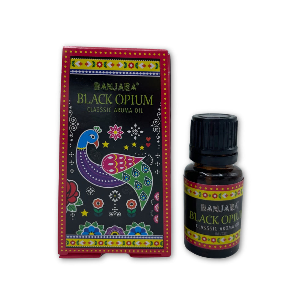 Aceite esencial Opio Negro, frasco de vidrio ámbar 10 ml con aroma cálido, especiado — equilibrio y sueño