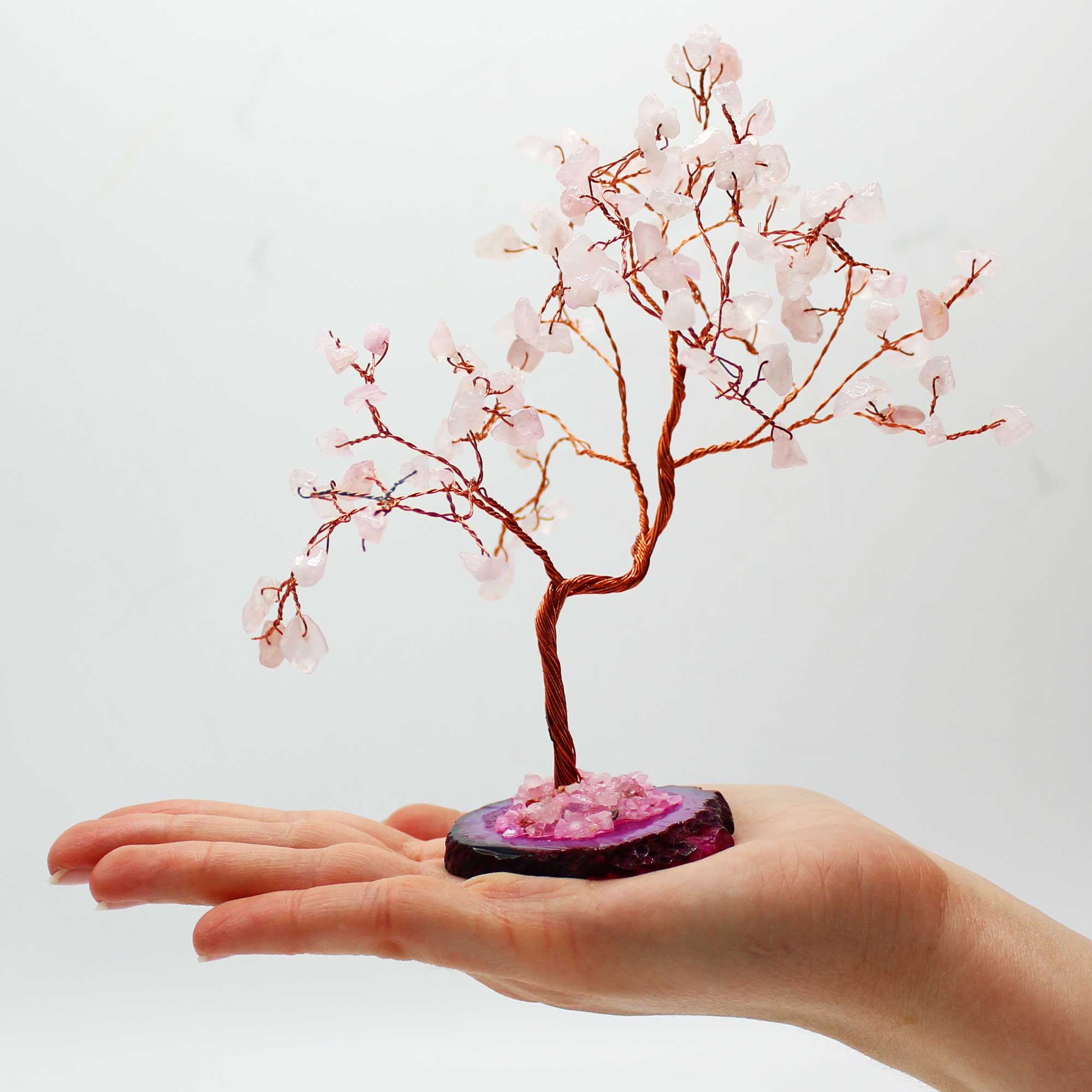 Árbol de Cristal de Cuarzo Rosa con ramas de cobre y cristales rosados naturales, base de resina, 15 cm - amor y armonía