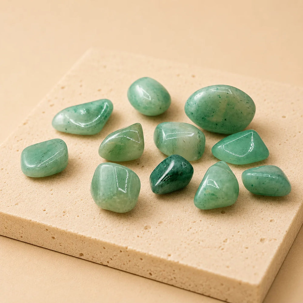 Piedras rodadas de aventurina verde natural sobre base de travertino beige, fotografía editorial minimalista para cristaloterapia y bienestar energético.