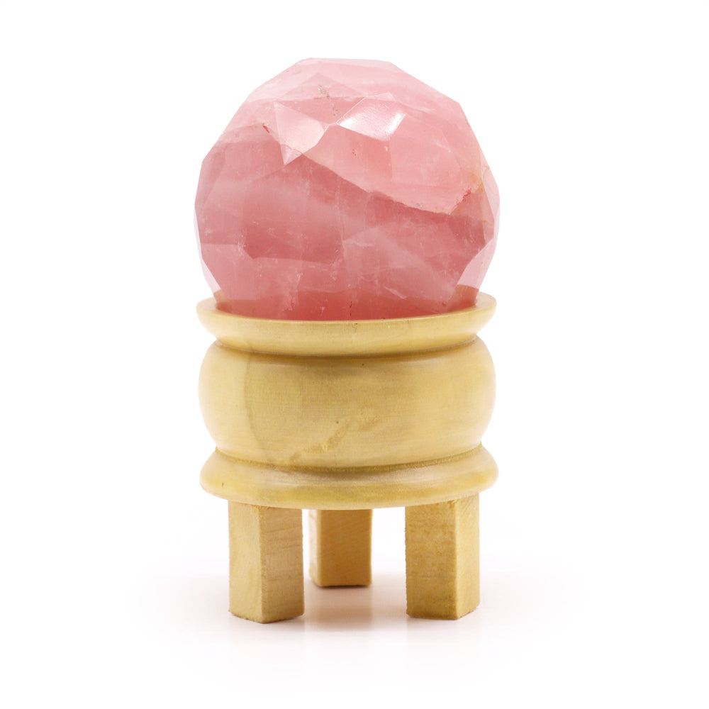 Bola de Cuarzo Rosa con soporte de madera, esfera pulida 4–5 cm y color rosado suave - sanación emocional y armonía