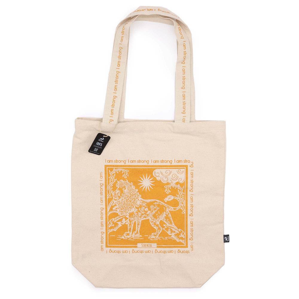 Tote bag de algodón blanca, amplia y resistente; forma rectangular, diseño de tarot único - equilibrio
