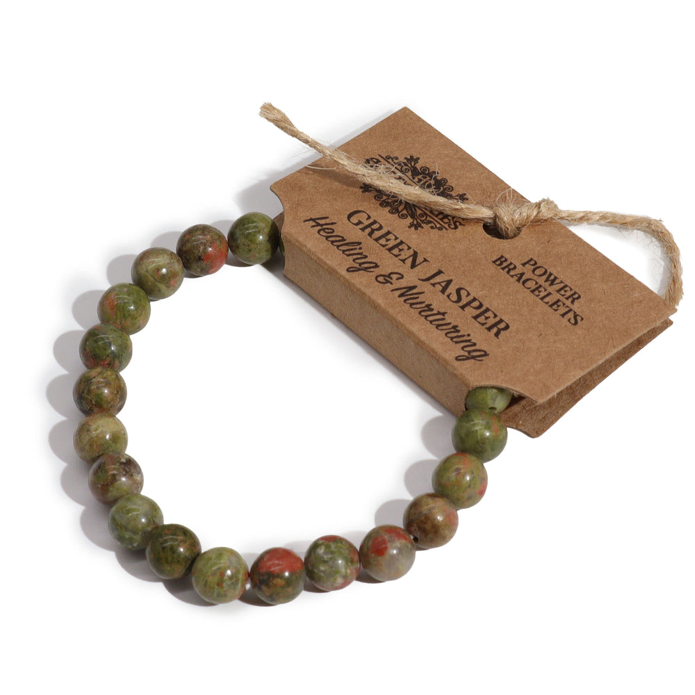 Pulsera de jaspe verde: cuentas naturales pulidas, diseño elástico y tonos verdosos con vetas únicas - armonía y sanación
