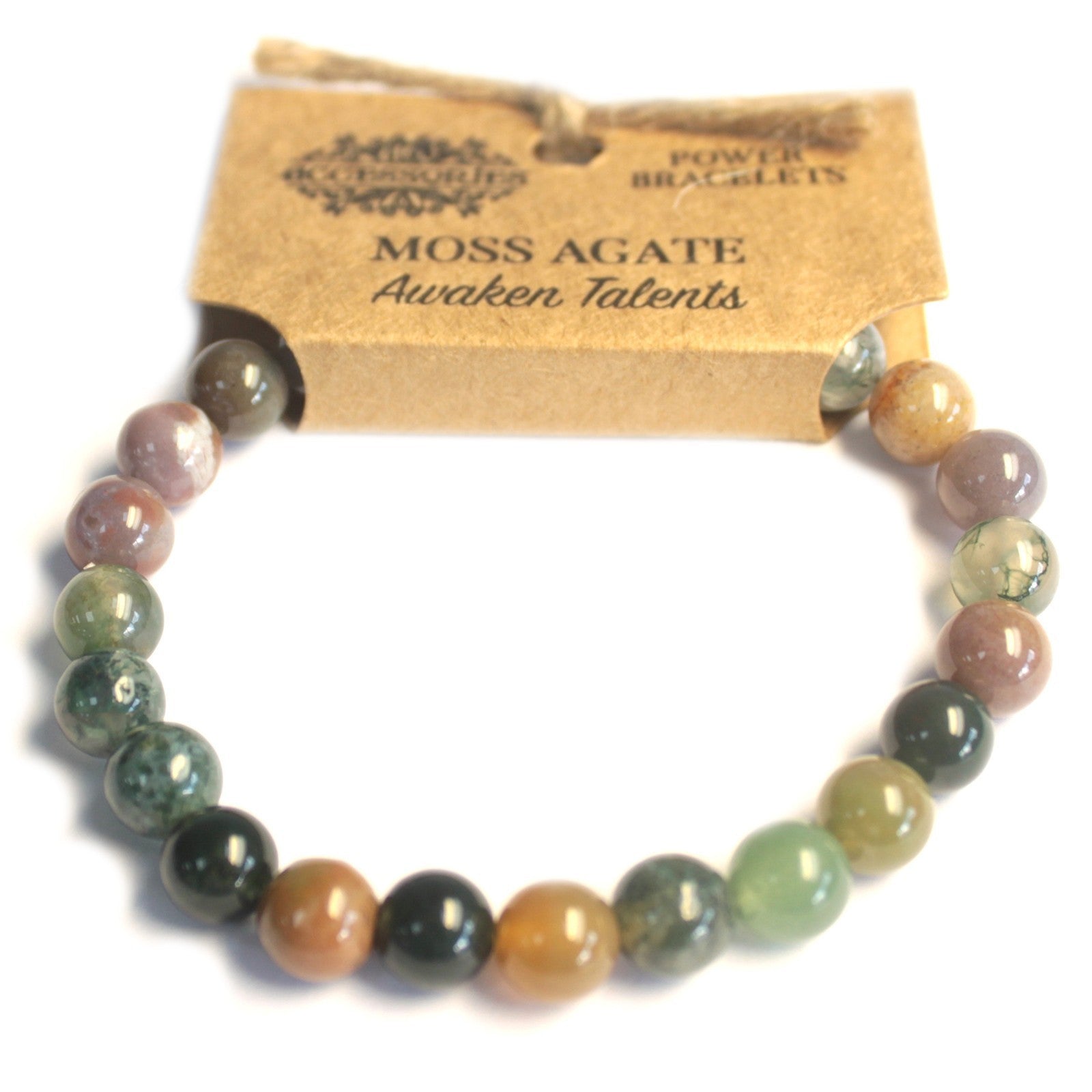 Pulsera de Ágata de Musgo: cuentas en verde y tierra, elástico cómodo y suave, diseño orgánico - potencia creatividad
