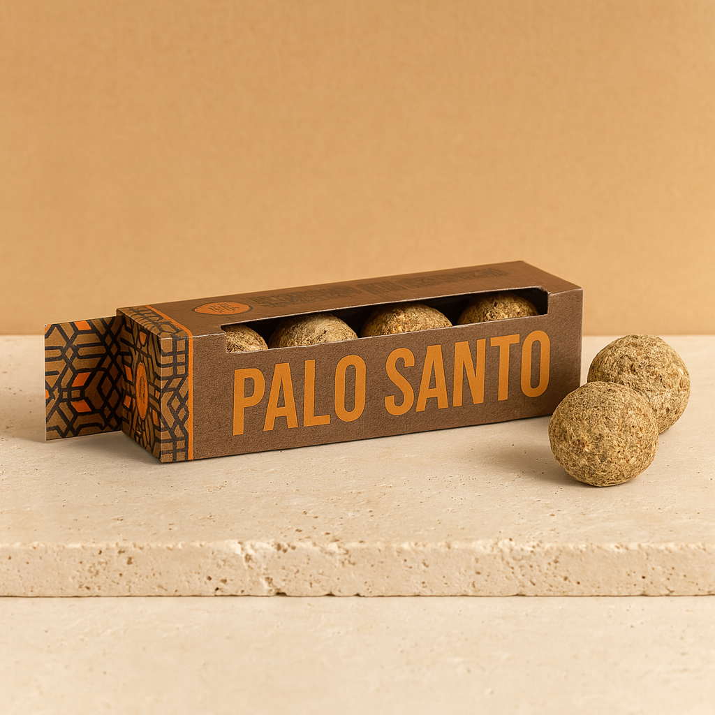 Palo Santo: Caja de 4 bombitas de defumación - esferas aromáticas para limpieza energética, purificación y equilibrio.