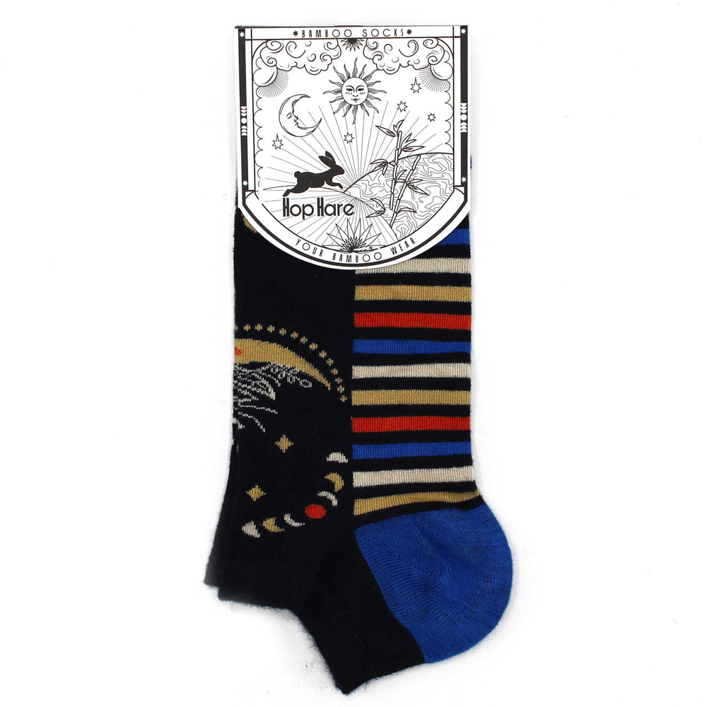 Calcetines de bambú, talla única, fibra suave y transpirable, fases lunares con rayas multicolor - confort cósmico