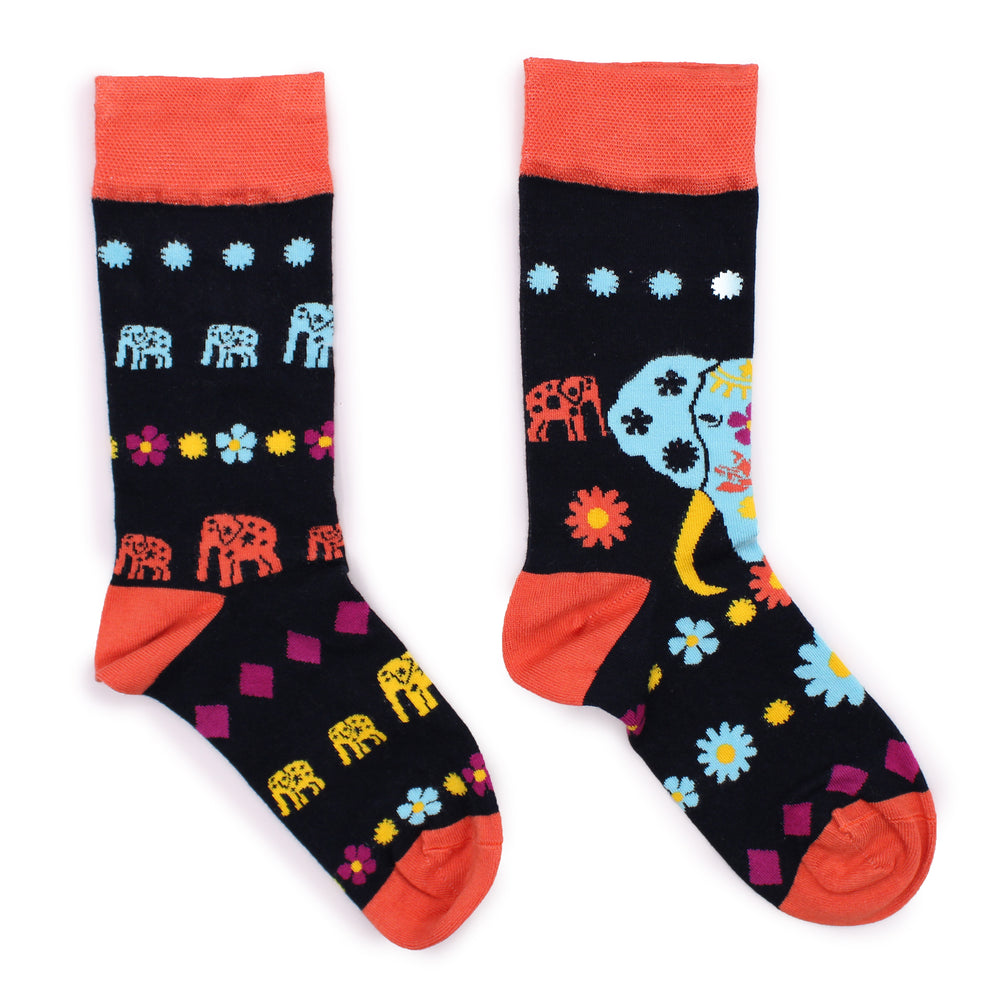 Calcetines de bambú con elefante de la suerte y flores; colores vivos, talla EU 41-46; suaves y transpirables - amor