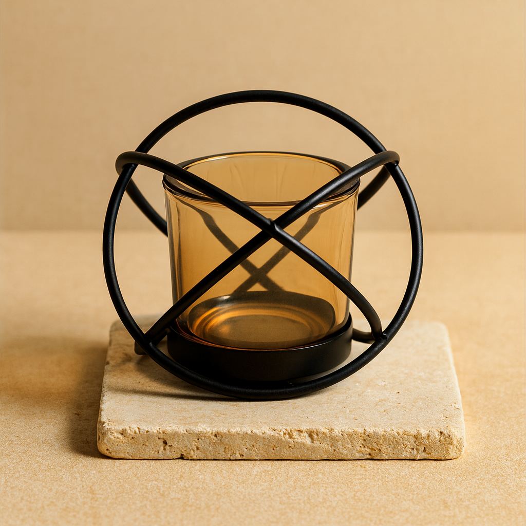 Candelabro de Hierro - bola: esfera forjada rodea un vaso de cristal, 10×8,5 cm - crea ambiente cálido y protegido