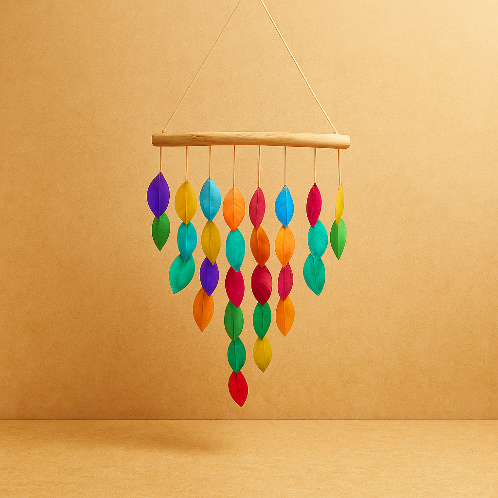 Carrillón de Madera móvil con hojas arco iris, colores vivos y cascada de piezas- aporta alegría y armonía en interiores