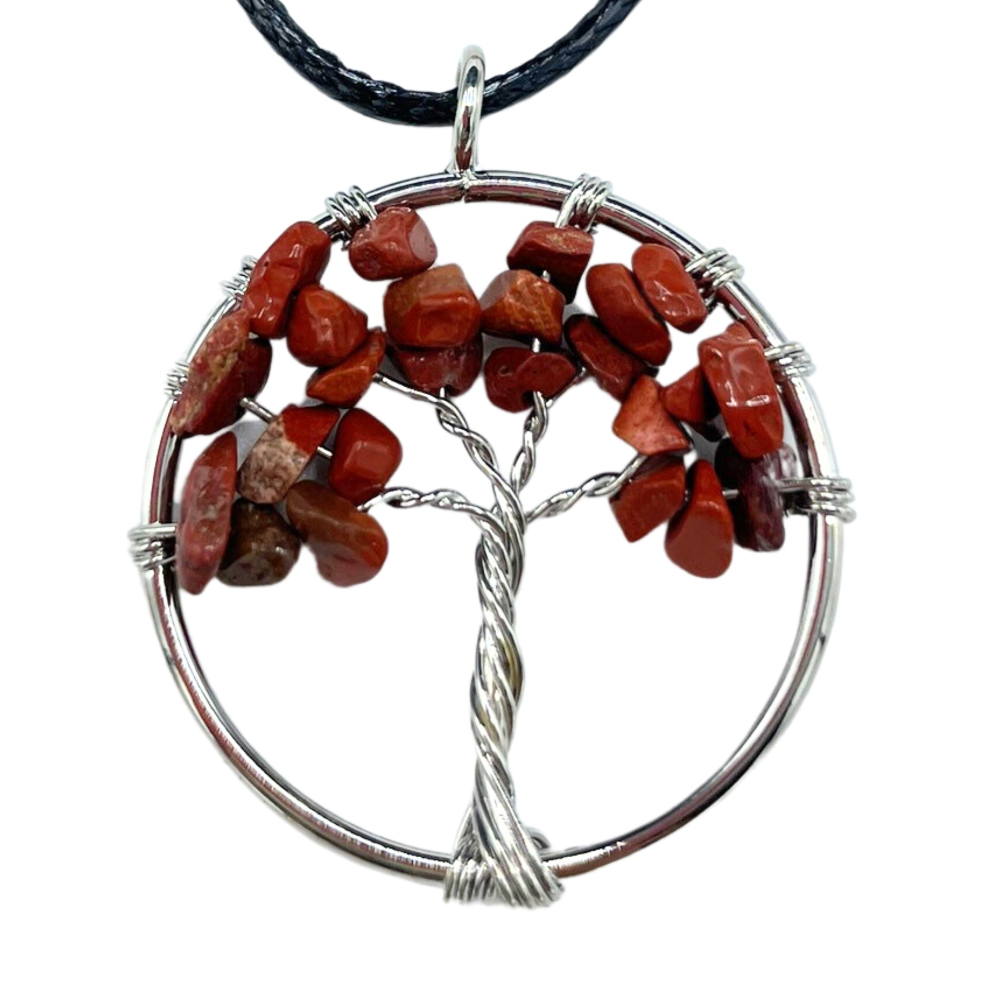 Colgante Árbol de la Vida - Jaspe Rojo: pieza en metal dentro de un círculo, hojas de chips rojos - enraizamiento