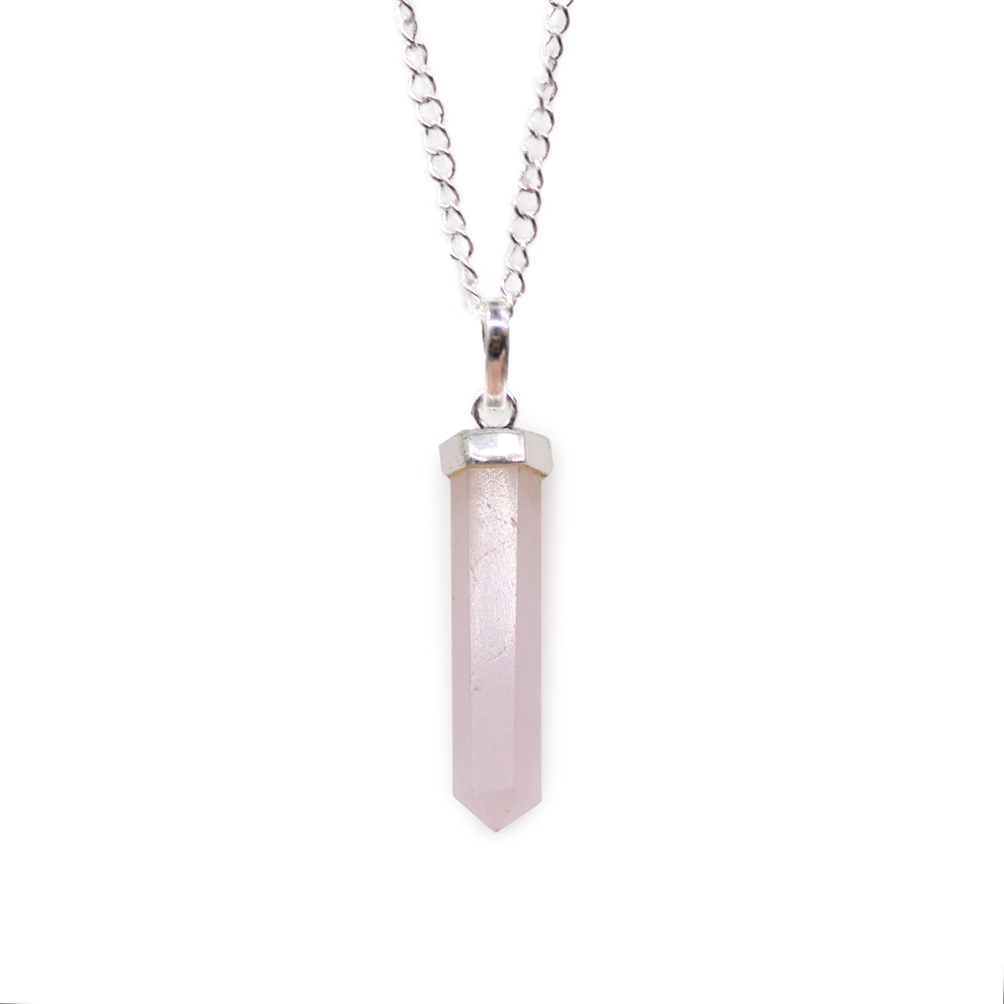 Colgante de Cuarzo Rosa: punta clásica, cuarzo rosa natural, acabado plateado y cadena ajustable 4 cm - amor y armonía