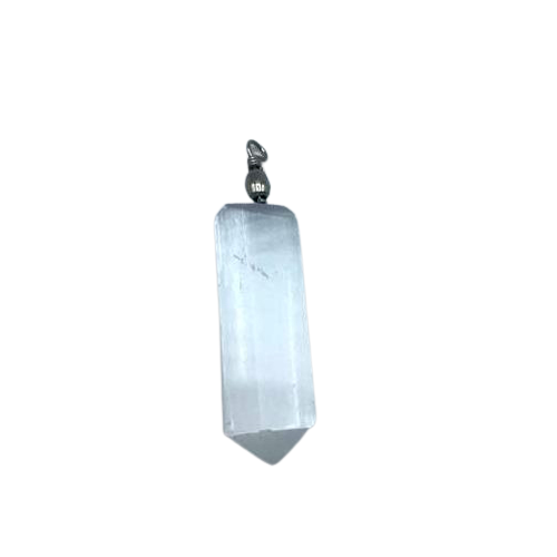Selenita: colgante con cristal translúcido y extremo afilado, 5 cm, enganche plateado - protege y da claridad espiritual