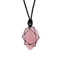 Colgante Lágrima de Cuarzo Rosa, cuarzo rosa pulido en lágrima con cordón negro ajustable; diseño artesanal - calma y amor