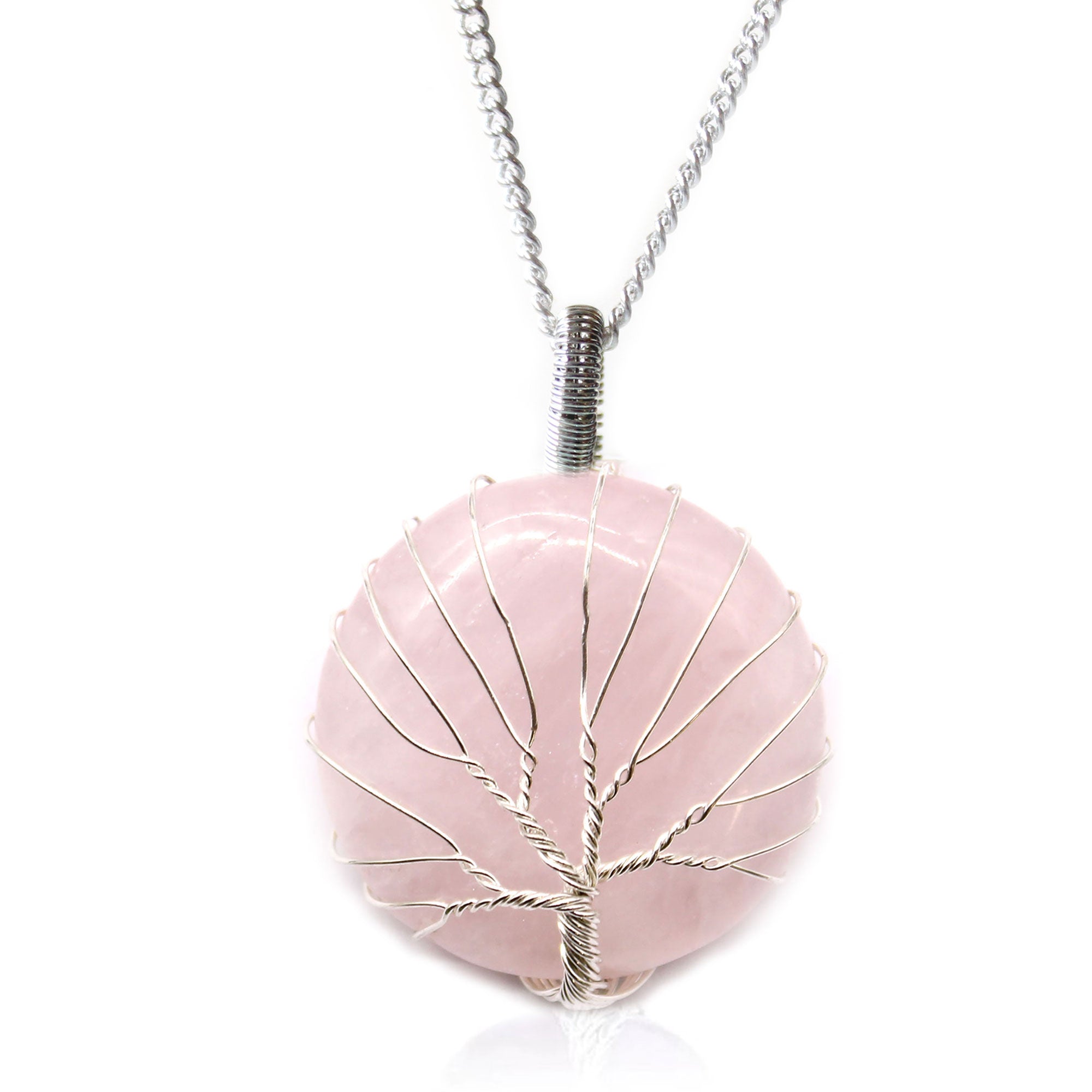 Colgante Árbol de la Vida con cuarzo rosa, cristal en forma arbórea y alambre plateado, cadena ajustable 4 cm – equilibrio