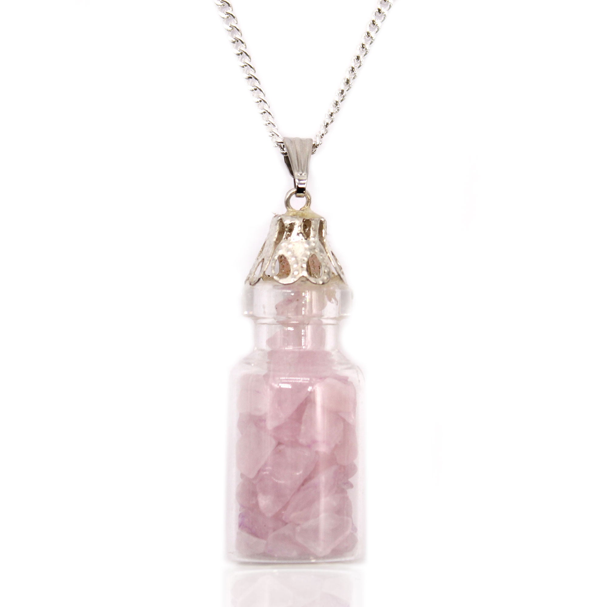 Collar con botella de cuarzo rosa: cristal con fragmentos rosados y cadena plateada ajustable - favorece armonía emocional