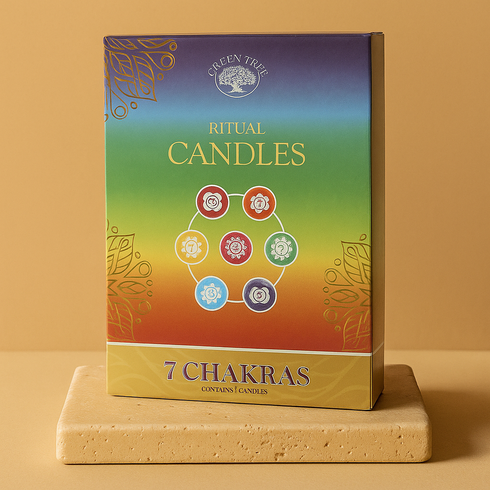 Foto packshot con fondo beige del conjunto de velas para activar los 7 chakras