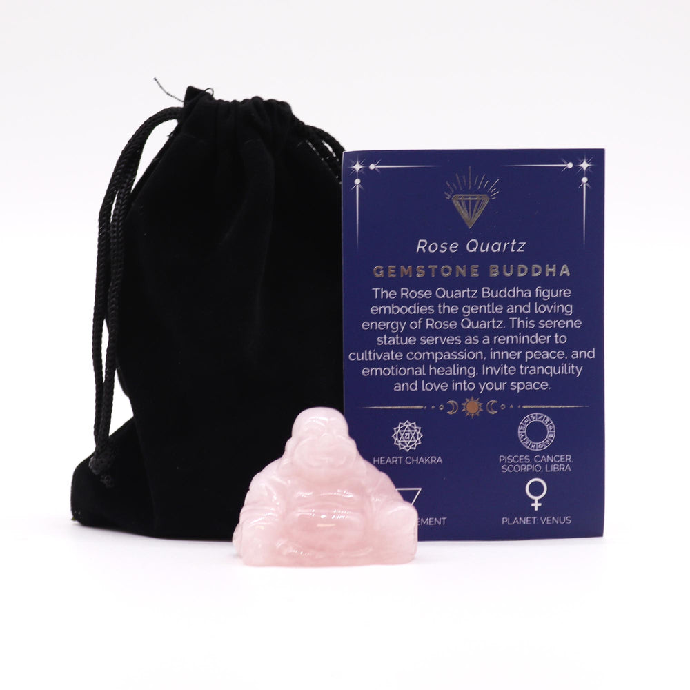 Buda en cuarzo rosa, figura tallada en cuarzo natural, 35x40x23 mm; bolsa de terciopelo incluida - promueve paz y amor.