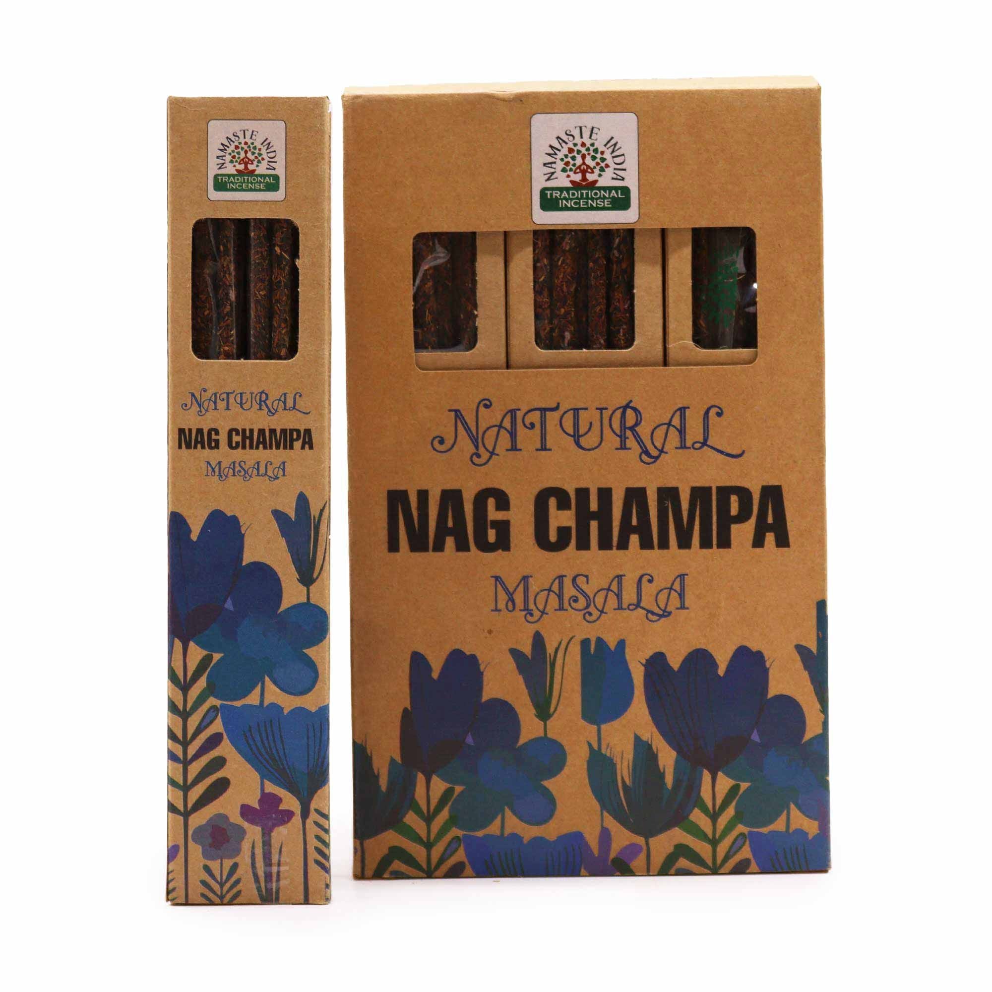 Incienso Botánico Natural Masala - Nag Champa con cajita en fondo banco