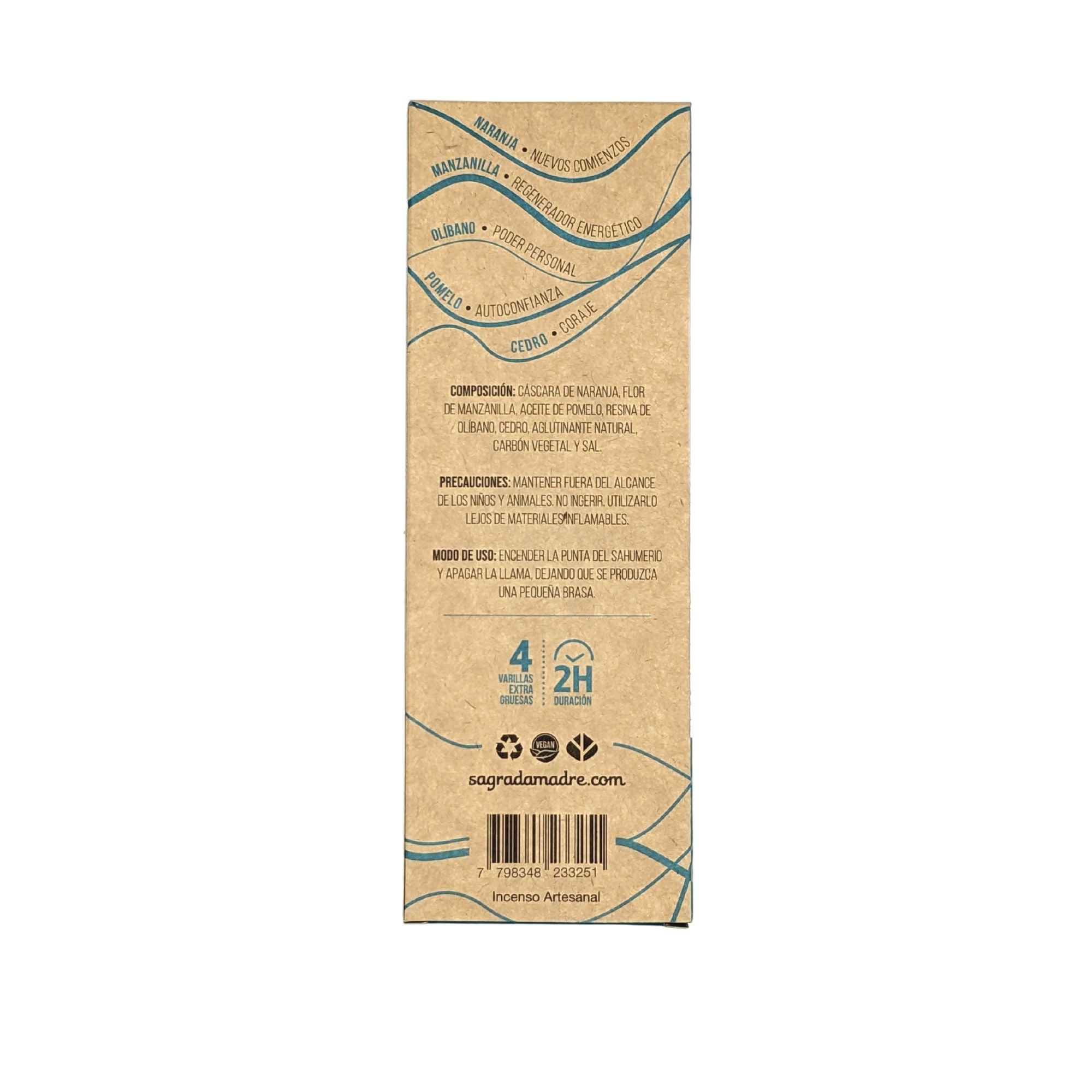 Incienso Sahumerio Energia Limpia Revitalizar product packaging with ingredients and instructions.