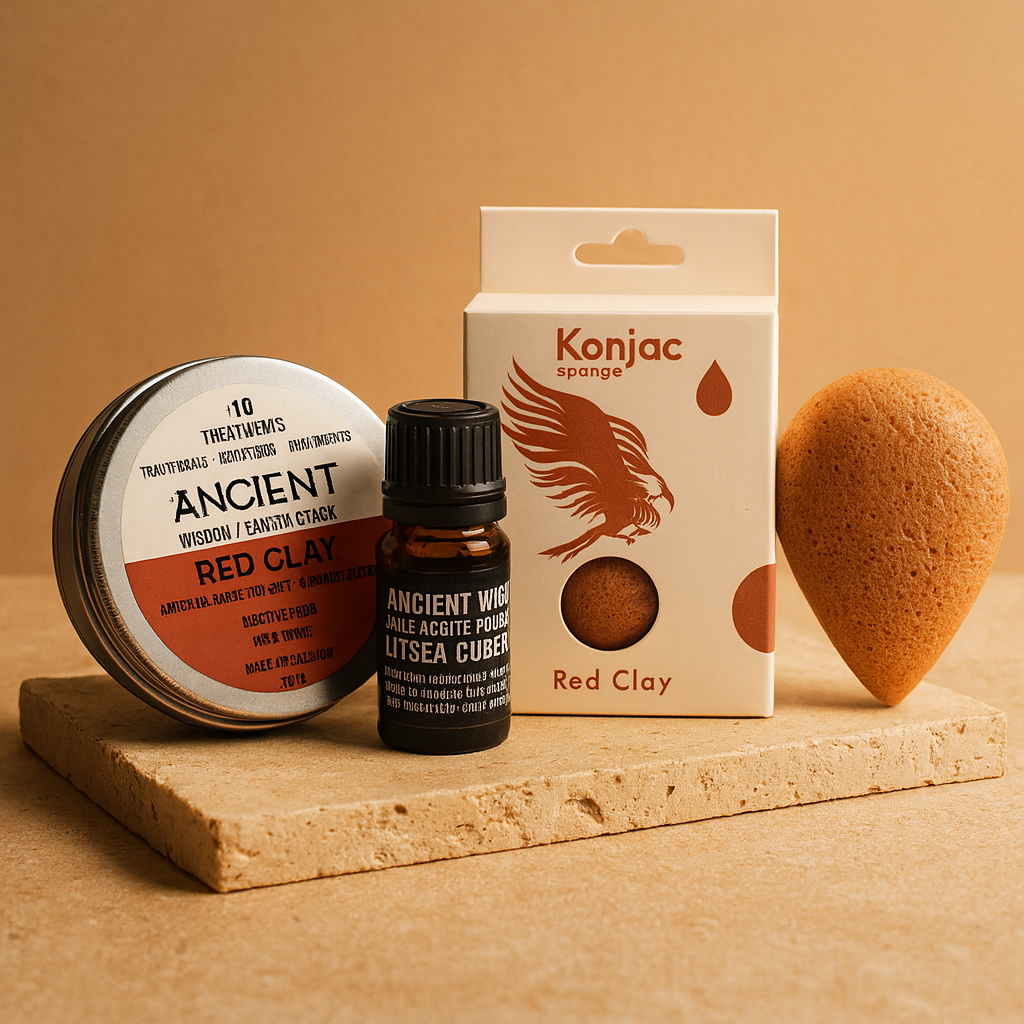 Arcilla Roja 3 en 1: mascarilla 80 g, esponja Konjac y aceite Litsea Cubeba 10 ml - detox y energía para la piel.