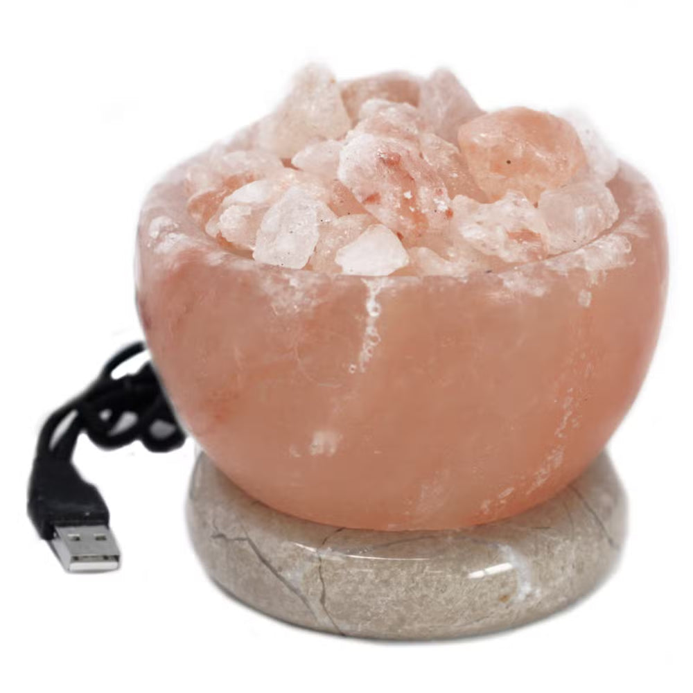 Lámpara de sal del Himalaya USB, cuenco de fuego rosa ámbar tallada a mano, emite luz cálida y purifica el aire - bienestar
