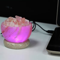 Lámpara de sal del Himalaya USB, cuenco de fuego rosa ámbar tallada a mano, emite luz cálida y purifica el aire - bienestar