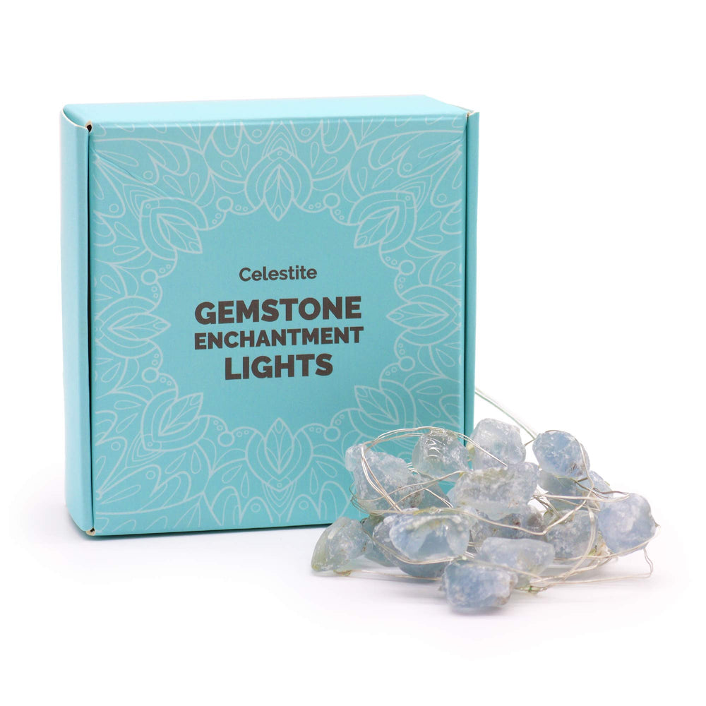 Celestita guirnalda de luces LED con piedras azules naturales, cable flexible y acabado elegante - aporta calma y armonía