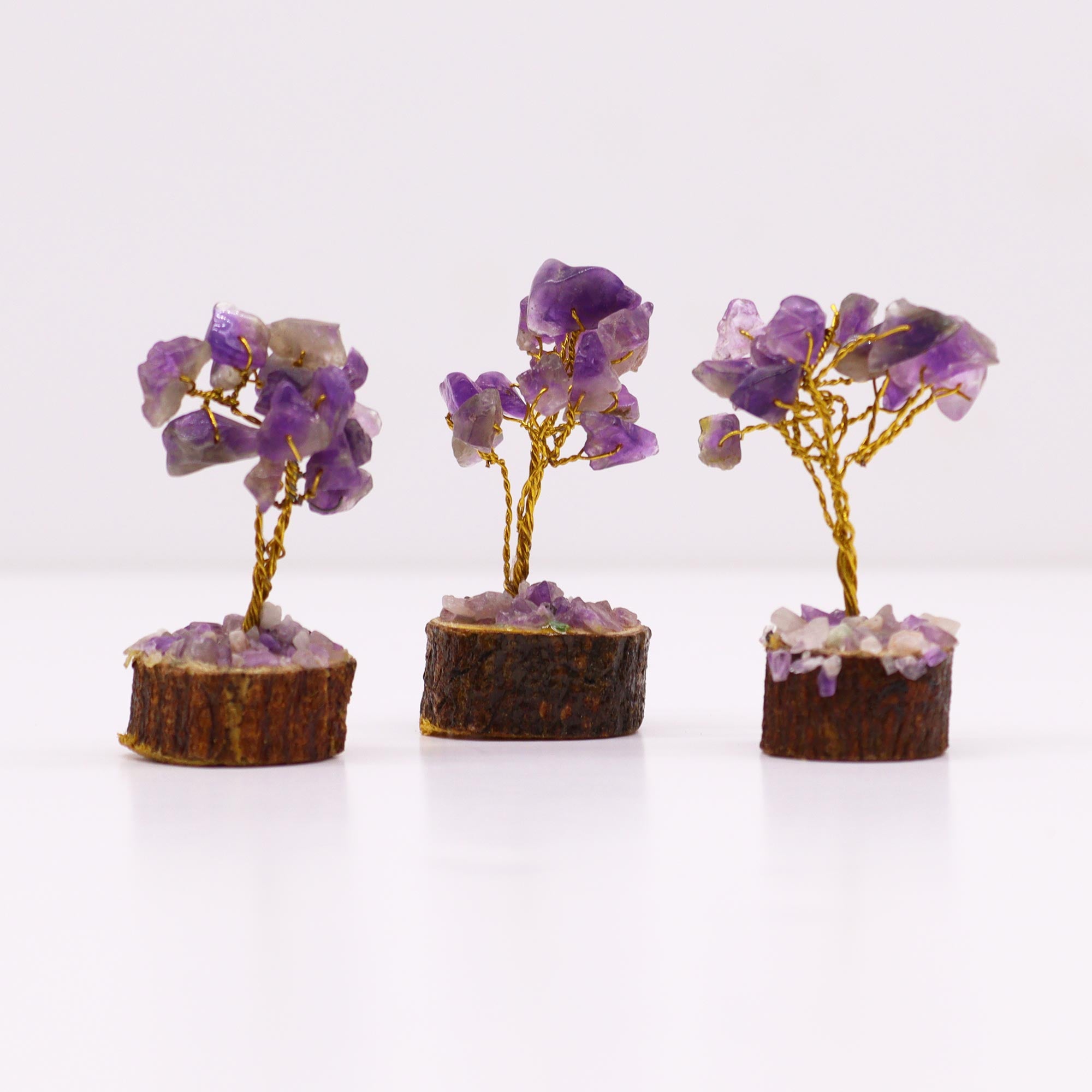 Árbol de amatista mini con base de madera, 15 piedras violetas en ramas, compacto - Protección, calma y espiritualidad.