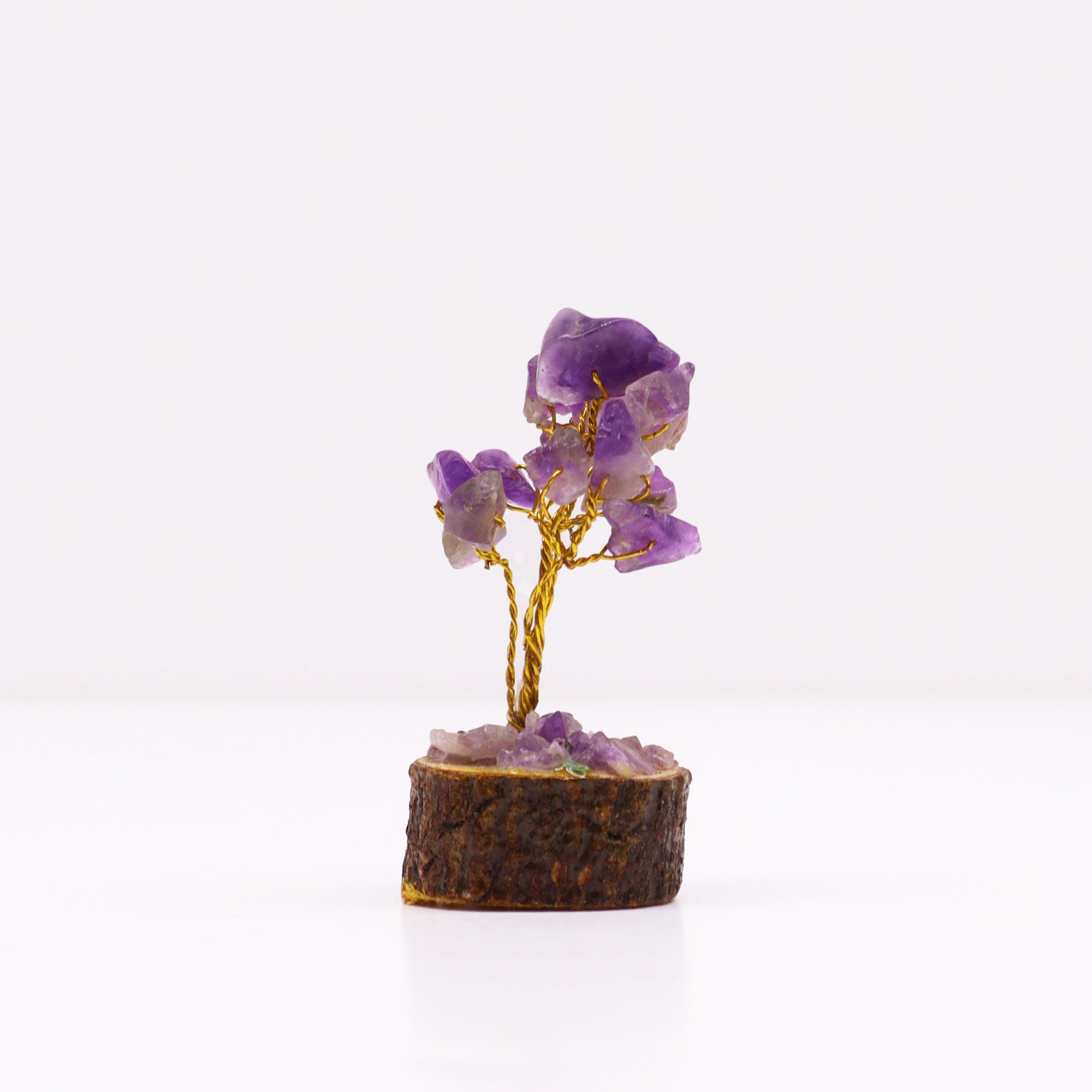 Árbol de amatista mini con base de madera, 15 piedras violetas en ramas, compacto - Protección, calma y espiritualidad.