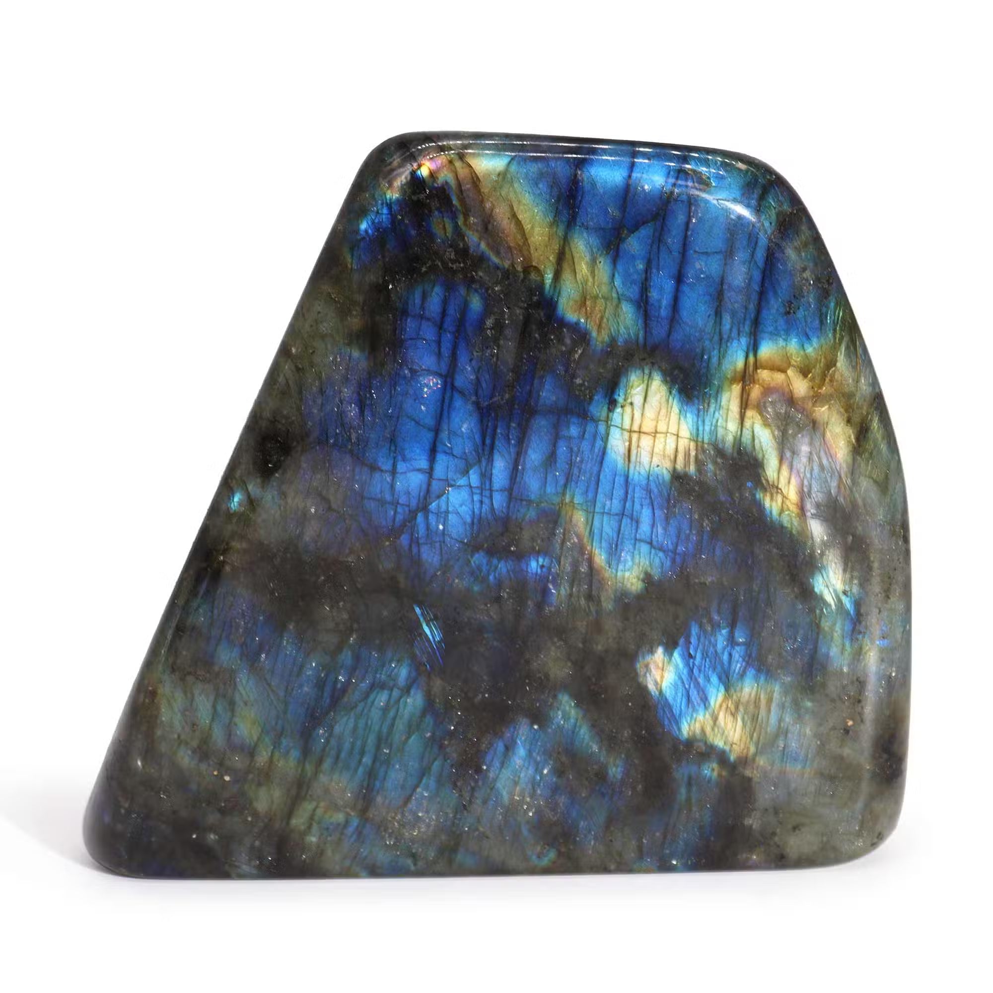 Labradorita Madagascar: piedras grandes, 900-1100 g, 100-170 mm, iridiscentes azul verdoso; energética - equilibrio
