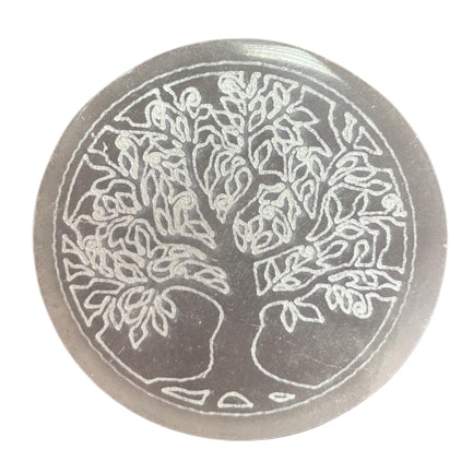 Placa de selenita circular, 8 cm, translúcida y natural, grabada con Árbol de la Vida; recarga cristales - purificación