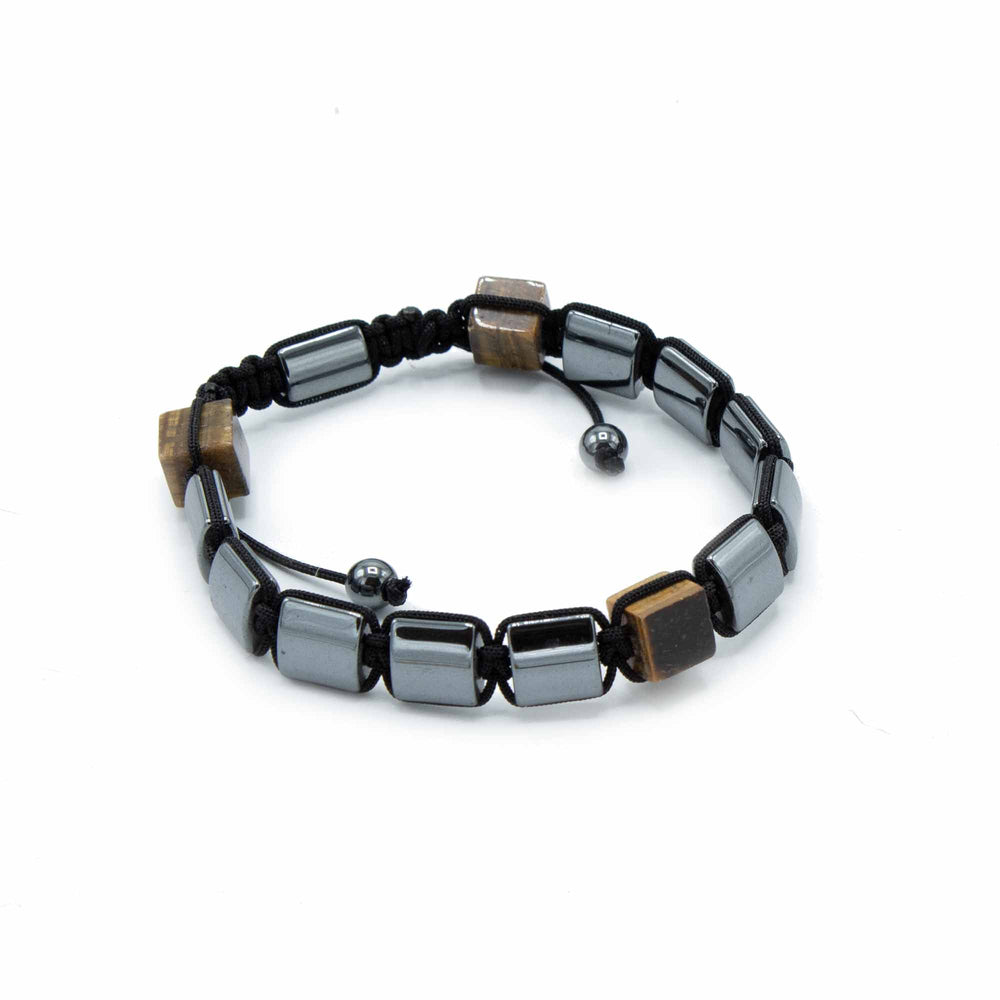 Pulsera Shamballa de hematita magnética y ojo de tigre, cubos pulidos y cierre ajustable - Protección y confianza