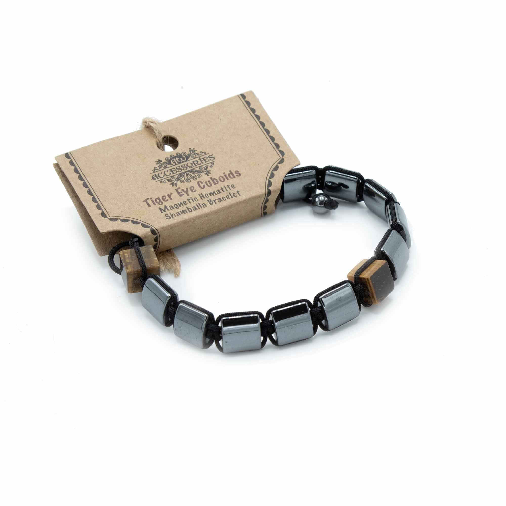 Pulsera Shamballa de hematita magnética y ojo de tigre, cubos pulidos y cierre ajustable - Protección y confianza