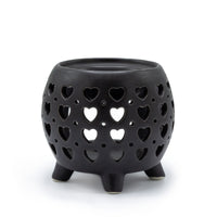 Quemador de aceite negro mate en cerámica, corazones calados, compacto, apto para velas estándar - promueve relajación
