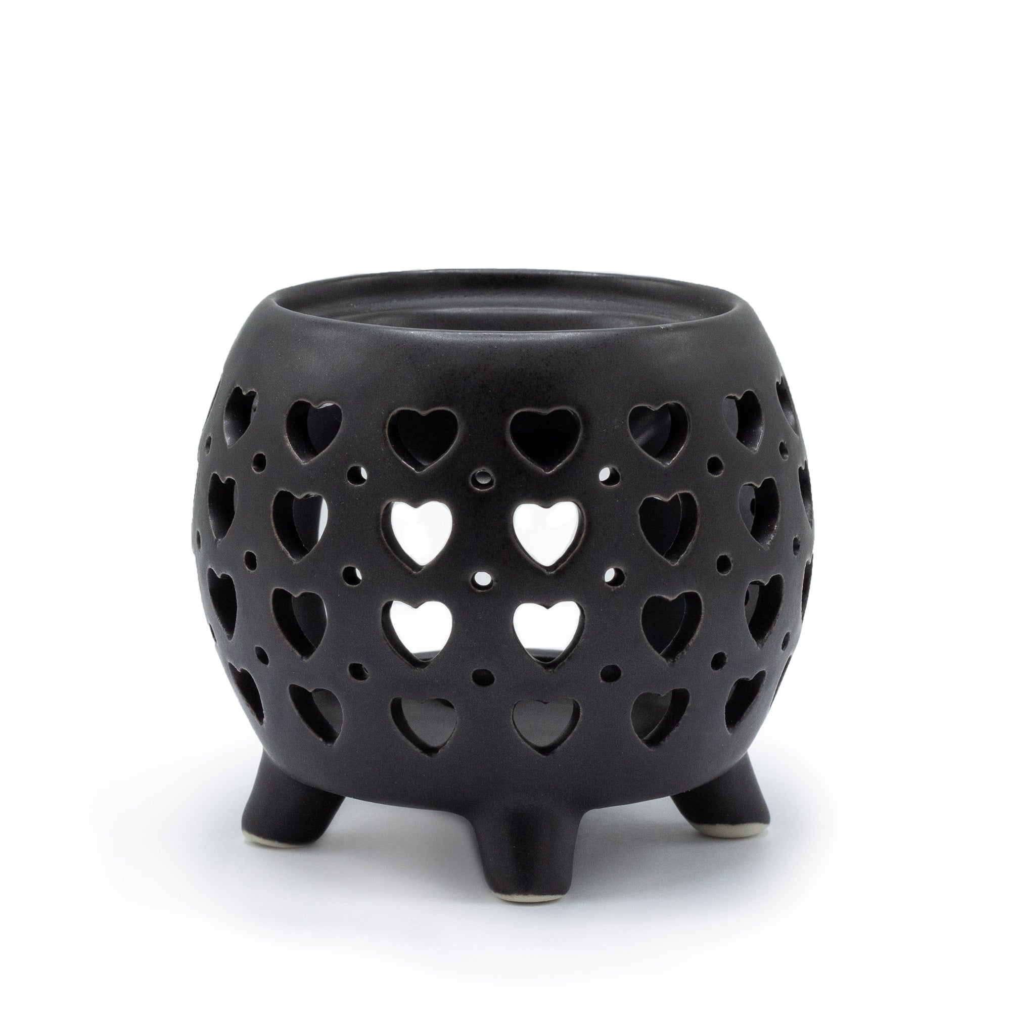 Quemador de aceite negro mate en cerámica, corazones calados, compacto, apto para velas estándar - promueve relajación