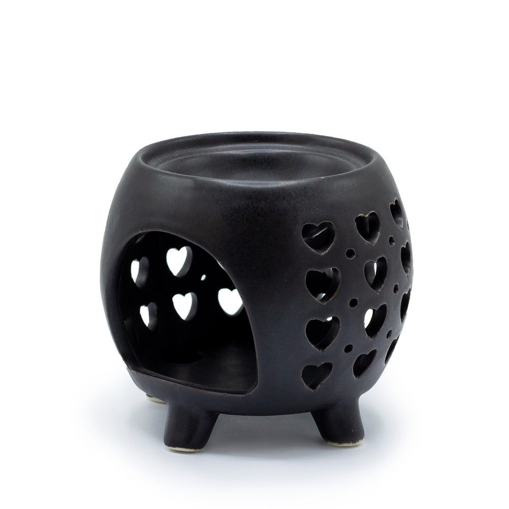 Quemador de aceite negro mate en cerámica, corazones calados, compacto, apto para velas estándar - promueve relajación