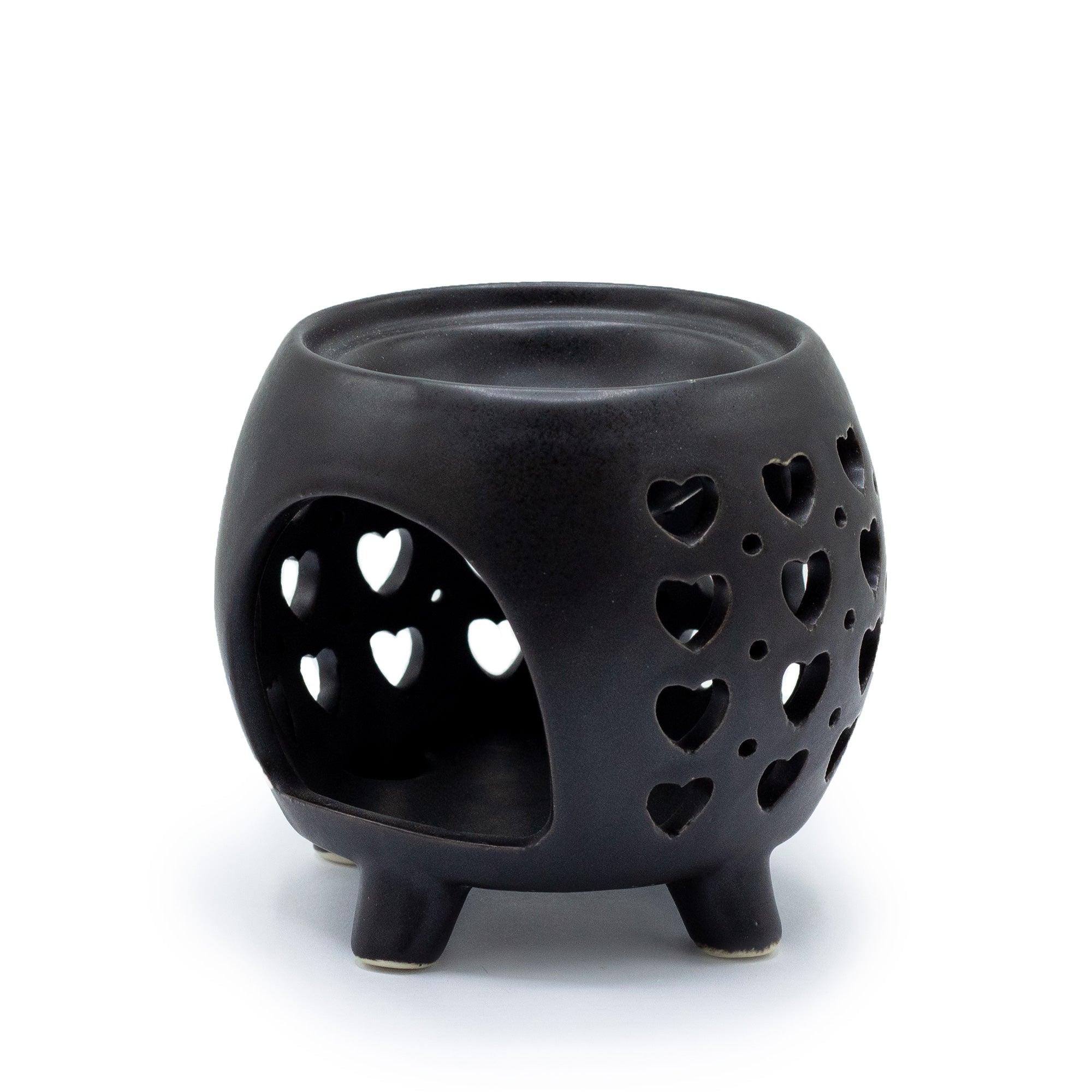 Quemador de aceite negro mate en cerámica, corazones calados, compacto, apto para velas estándar - promueve relajación