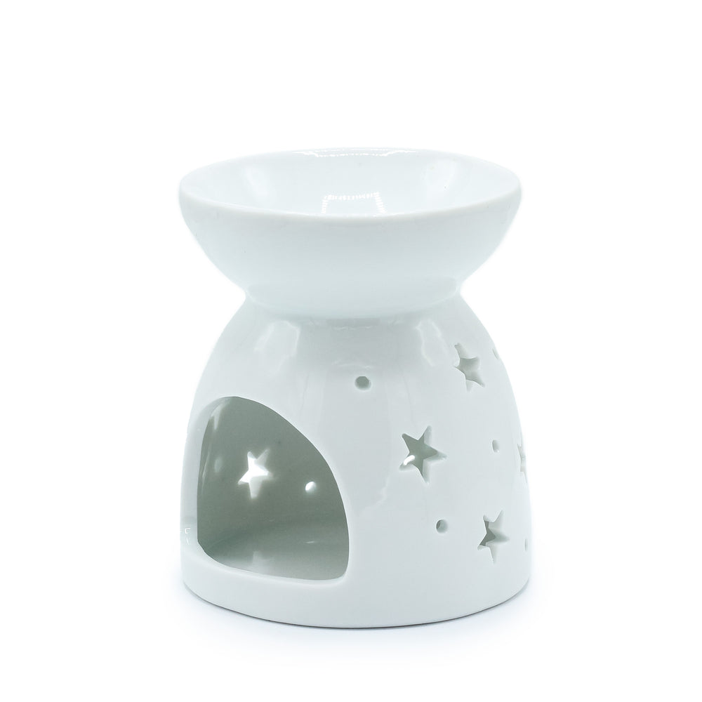 Quemador de aceite blanco cerámico con ángel calado, estrellas, cuenco, acabado liso - difunde fragancias, aporta calma.