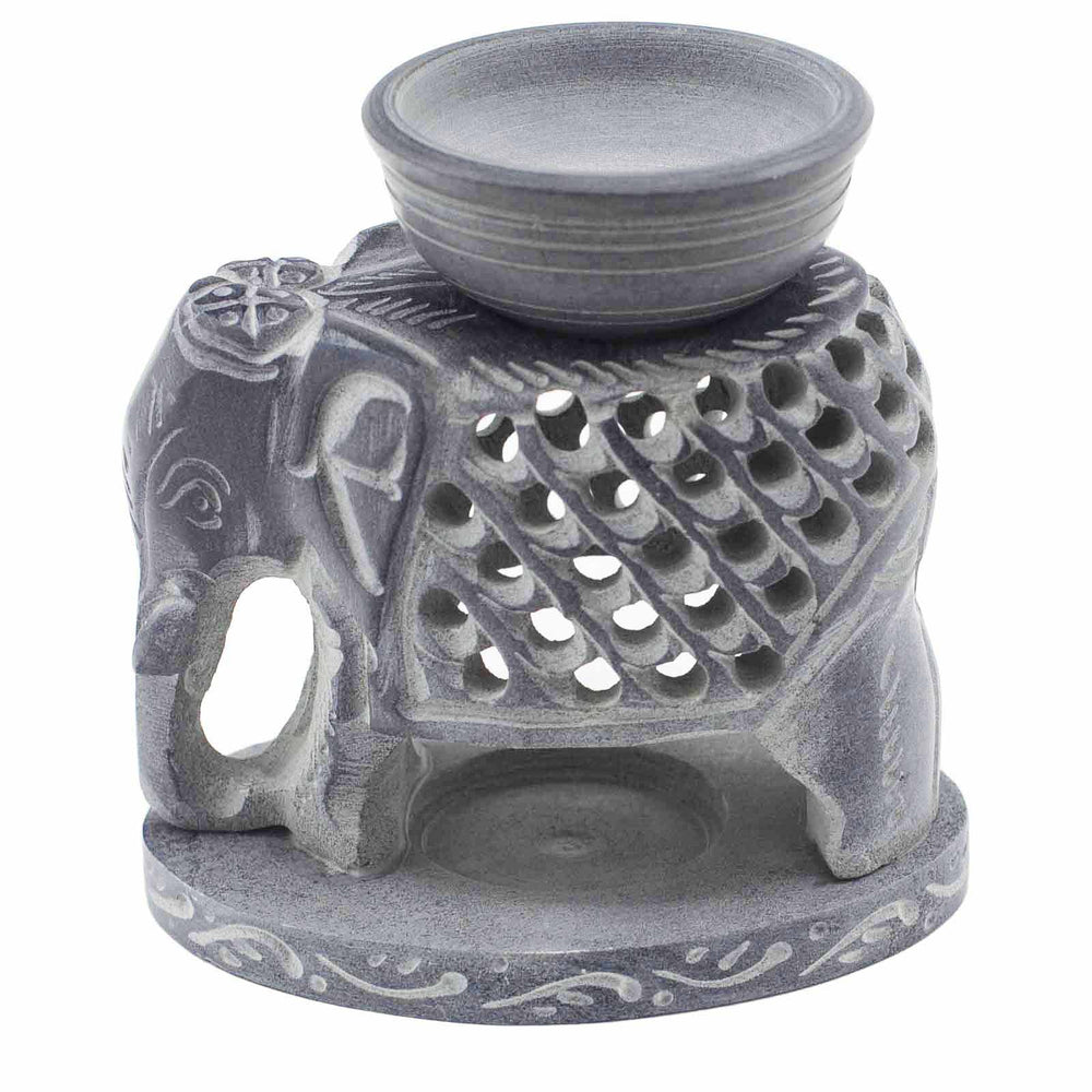 Quemador de aceite de esteatita con elefante en pie: piedra natural gris, altura 10,5 cm y cuenco grande - promueve calma.