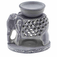 Quemador de aceite de esteatita con elefante en pie: piedra natural gris, altura 10,5 cm y cuenco grande - promueve calma.