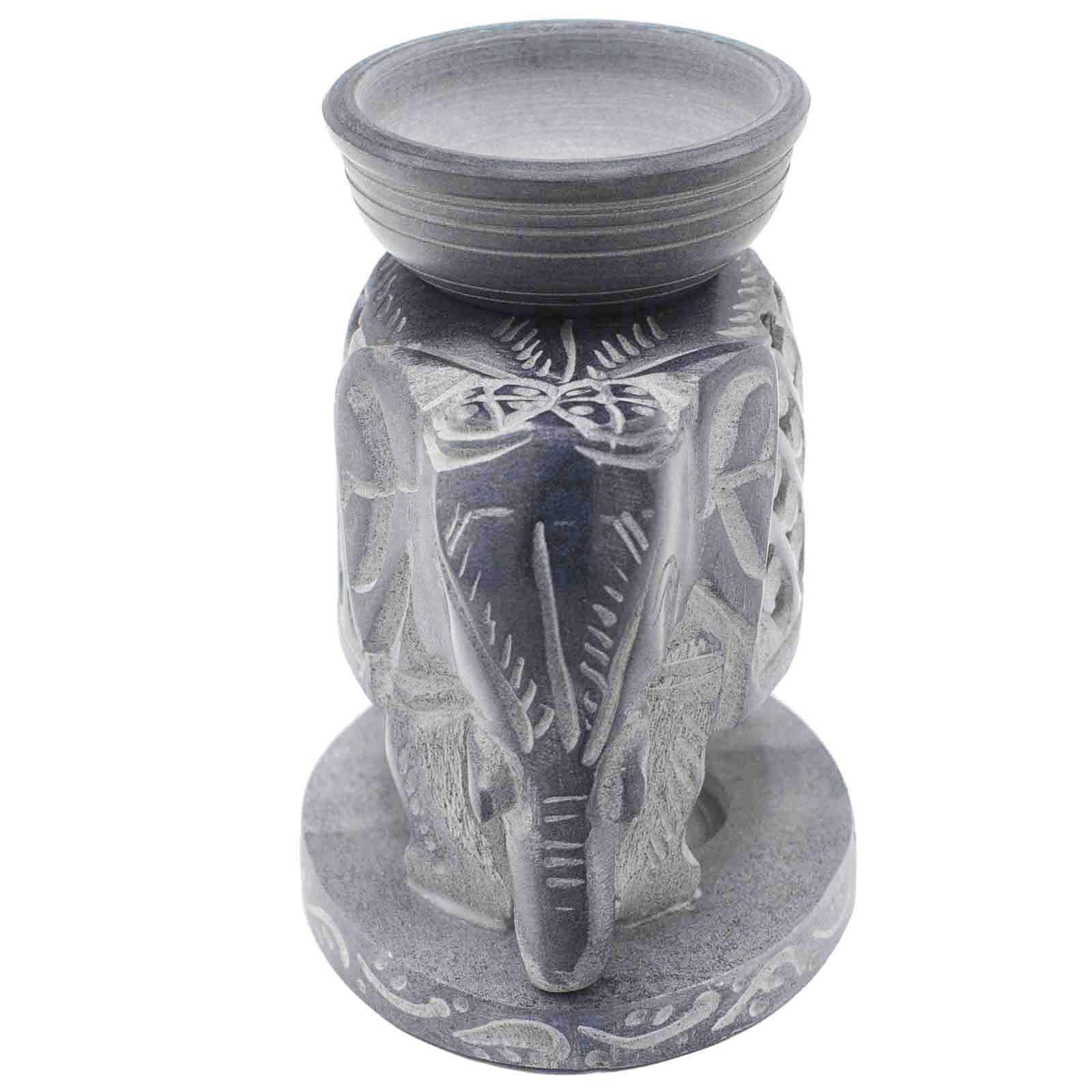 Quemador de aceite de esteatita con elefante en pie: piedra natural gris, altura 10,5 cm y cuenco grande - promueve calma.