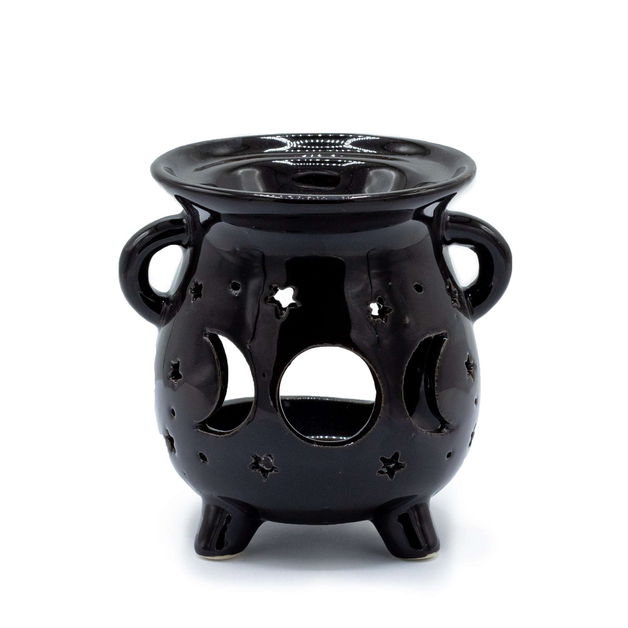 Quemador caldero lunar, cerámica negra con fases lunares, diseño compacto con apertura para vela de té - bienestar