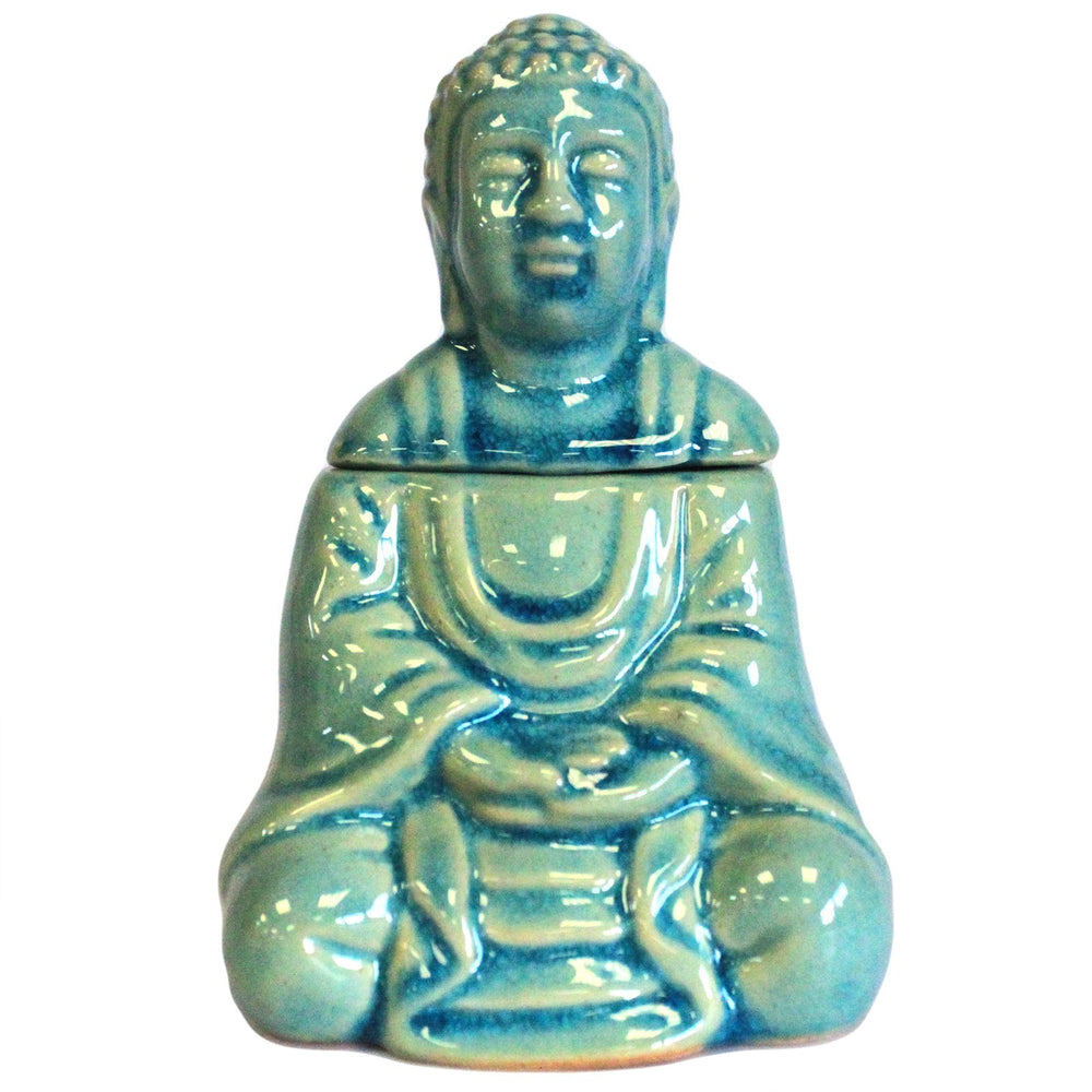 Quemador de incienso en forma de Buda, cerámica de calidad, acabado azul o blanco, tamaño compacto - calma y enfoque en casa