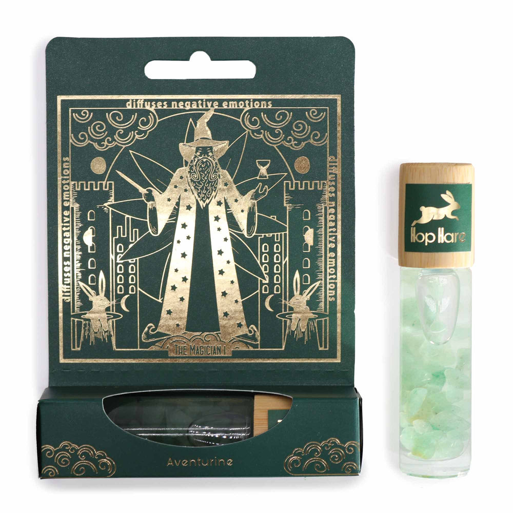 Roll-On 10 ml de Aventurina, esfera en frasco, con piedras verdes y tapa de bambú - equilibrio emocional y manifestación