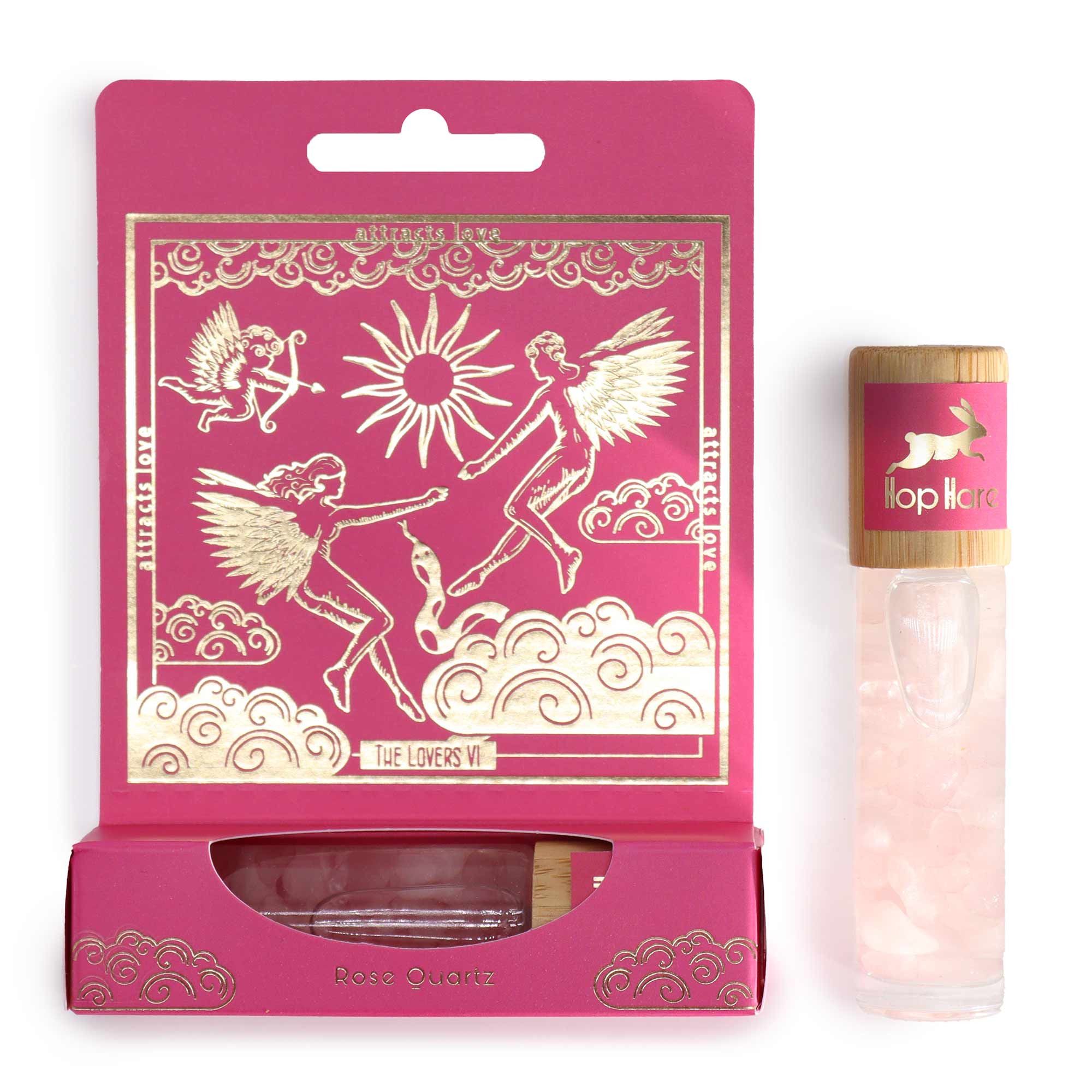 Roll-On de Cuarzo Rosa: frasco de 10 ml con esfera, piedras rosas y tapa de bambú; compacto - amor y armonía
