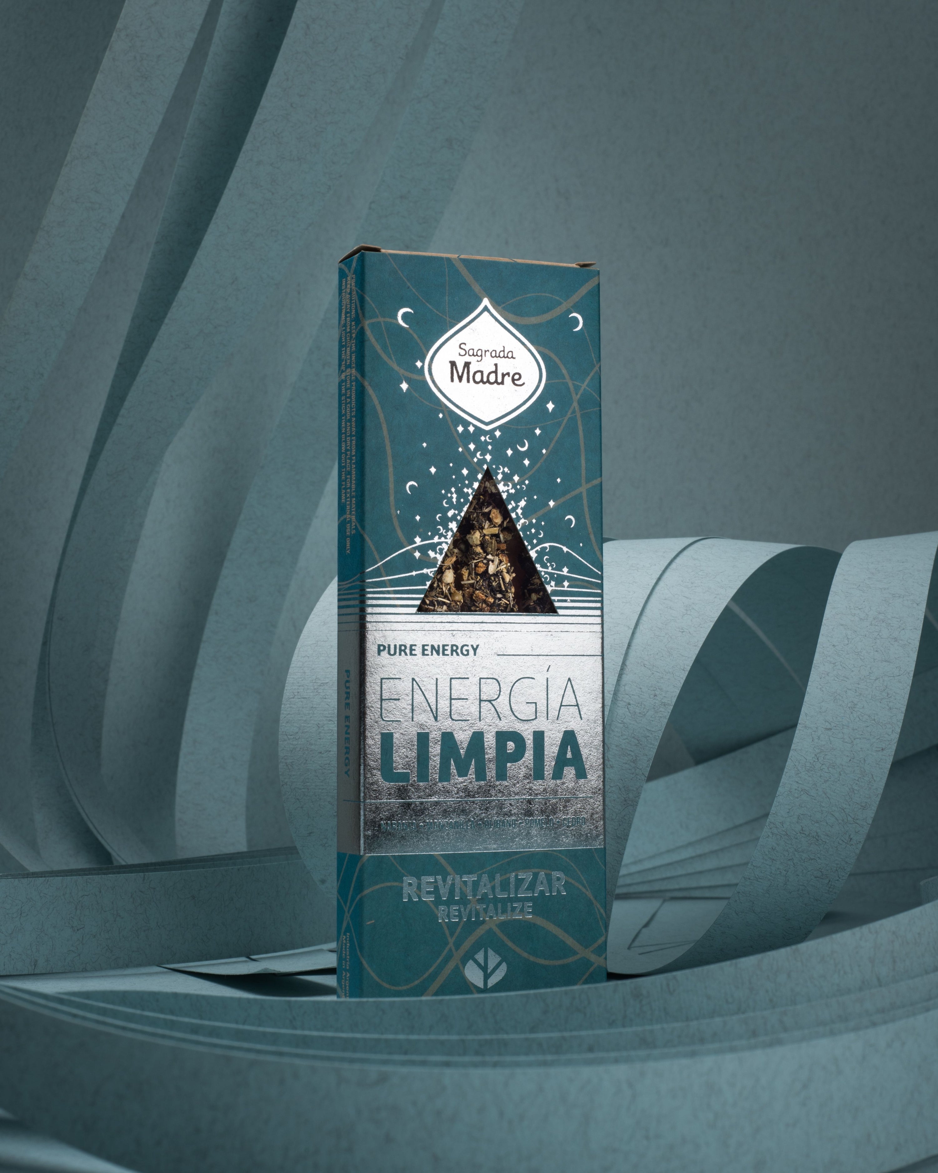 Incienso Sahumerio Energia Limpia Revitalizar product packaging on a textured background.