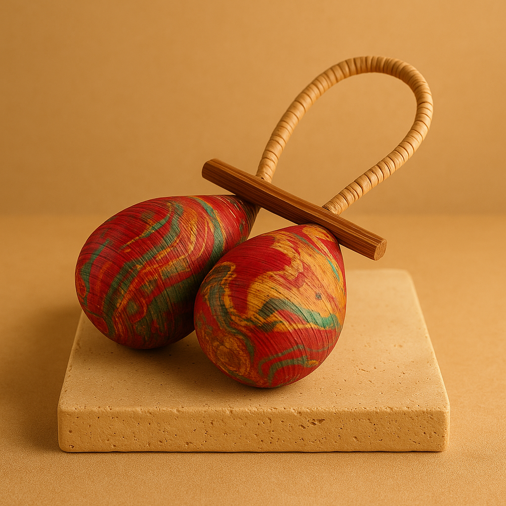 Sonajero Maracas Doble Lazo: dos cabezas en lágrima, fibras vegetales y colores rojo, verde y amarillo; asa de tela - ritmo.