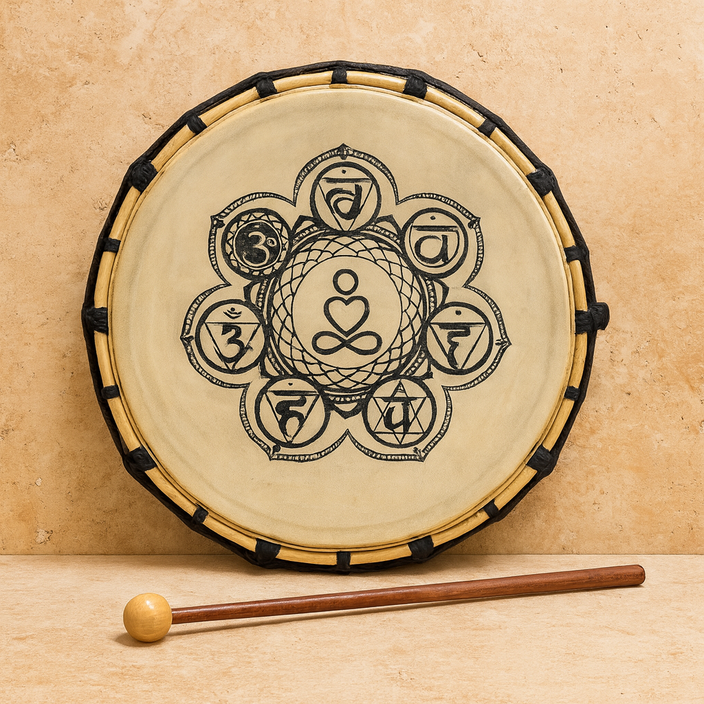 Tambor chamánico Chakra (25 cm) con marco de madera y parche decorado; incluye baqueta. - equilibrio energético